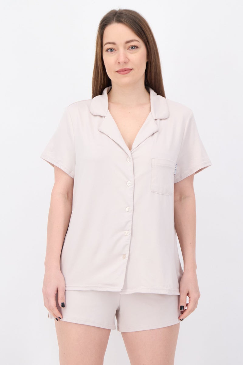 NINE WEST Women 2 Pieces Plain Top And Shorts Pyjama Set, Pale Pink - Image 1